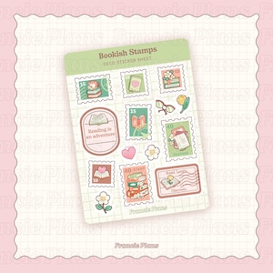 May include: A sheet of decorative stickers with a bookish theme. The stickers feature postage stamp designs with illustrations of books, hearts, flowers, and glasses. The text "Reading is an adventure" is also included.