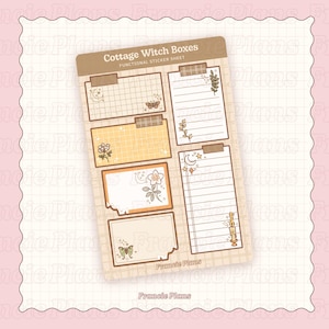 Może przedstawiać: Arkusz naklejek zatytułowany "Cottage Witch Boxes" z różnymi funkcjonalnymi wzorami naklejek. Naklejki zawierają siatkę, papier w linie i elementy dekoracyjne, takie jak motyle, kwiaty i motywy niebieskie w odcieniach brązu, żółci i beżu.