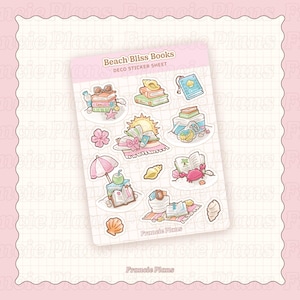 May include: A sheet of decorative stickers with a beach theme. The stickers depict books, sunglasses, seashells, and beach accessories. The text "Beach Bliss Books" and "Deco Sticker Sheet" are visible.