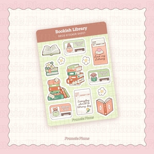 May include: A sticker sheet with a green background and various illustrations of books, library cards, and flowers. The text "Bookish Library" and "Deco Sticker Sheet" is at the top of the sheet. The text "Francie Plans" is at the bottom of the sheet.