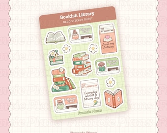 May include: A sticker sheet with a green background and various illustrations of books, library cards, and flowers. The text "Bookish Library" and "Deco Sticker Sheet" is at the top of the sheet. The text "Francie Plans" is at the bottom of the sheet.