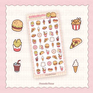 ジャンクフードステッカー / バレットジャーナルやプランナー用のかわいいデコレーションステッカーシート / ピザ、ハンバーガー、フライドポテト、チキン、アイスクリーム、ドーナツ