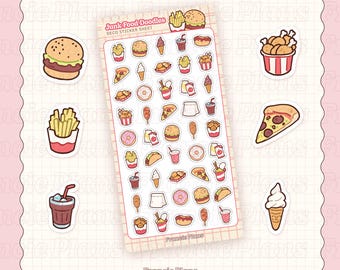 Junk Food Stickers / Pizza, Burgers, Fries, Ice cream & Donuts, Kawaii Deco Sticker Sheet