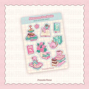 Könnte beinhalten: Ein Stickerbogen mit der Aufschrift "Afternoon Tea Books DECO STICKER SHEET". Die Aufkleber zeigen Illustrationen von Büchern, Teetassen, Teekannen, Kuchen und Blumen in Rosa und Türkis.