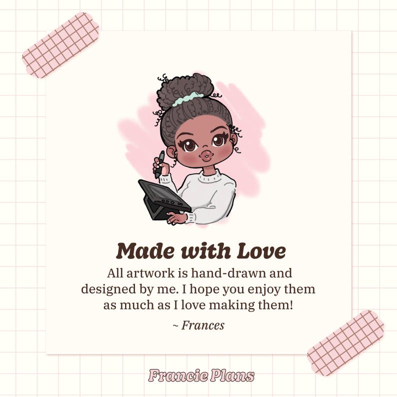 Illustration of me. All artwork in my shop is drawn and designed by me, Francie Plans.