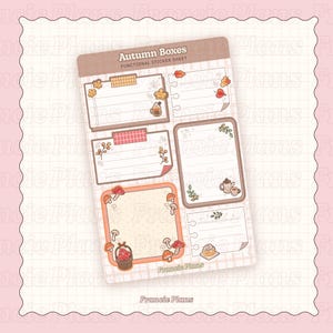 Puede incluir: Una hoja de pegatinas funcionales titulada "Autumn Boxes". Las pegatinas presentan varios diseños rectangulares y cuadrados con ilustraciones de temática otoñal, incluyendo hojas, setas y tazas de café. La paleta de colores incluye tonos de marrón, naranja y rosa.
