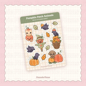 May include: A sheet of decorative stickers featuring autumn-themed illustrations. The stickers include a cat in a pumpkin costume, a scarecrow, crows, a dog, pumpkins, and fall leaves. The text "Pumpkin Patch Animals" and "DECO STICKER SHEET" are printed on the sheet.