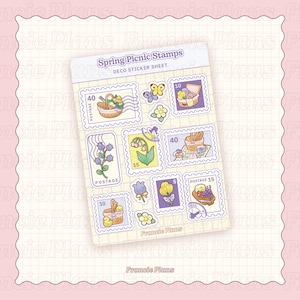 Frühlings Picknick Briefmarken Sticker Bogen / Dekorative Briefmarken Aufkleber für Planer, Bujos und Notizbücher / Blumen & Picknickkörbe