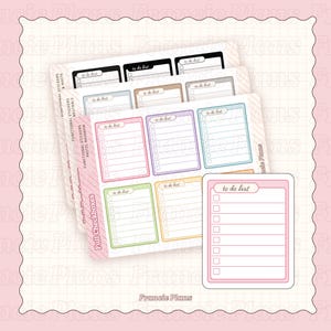 May include: A collection of pastel-colored to-do list stickers. Each sticker features a rectangular design with a checklist and the words "to do list". The stickers are in various colors, including pink, green, purple, and blue. The text "Full Checkboxes" is also visible.