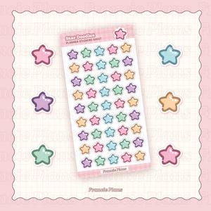 Könnte beinhalten: Eine Planer-Sticker-Tabelle mit einer Vielzahl von Sternen in Pastellfarben. Die Tabelle ist mit "Star Doodles Planner Stickers Sheet" betitelt und hat den Text "Francie Plans" am unteren Rand.
