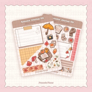 May include: Two sticker sheets labelled "Autumn Journal Kit" with autumn-themed illustrations. The stickers feature an umbrella, sweater, leaves, and a book. The colour palette includes warm tones of orange, brown, and beige.