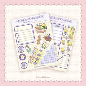Kit d'autocollants pour journaux sur le thème du pique-nique de printemps / Stickers découpés pour journaux et albums / Fleurs, panier de pique-nique et autocollants déco vin