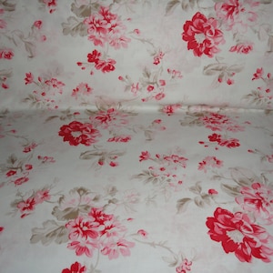 Red Rose Print Cotton Fabric, Shabby Chic Quilting Material
