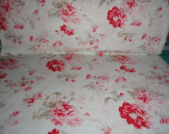 Red Rose Print Cotton Fabric, Shabby Chic Quilting Material