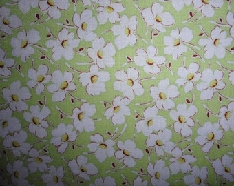 Floral Cotton Fabric, Sage Green, Periwinkle Flowers, Quilting Sewing