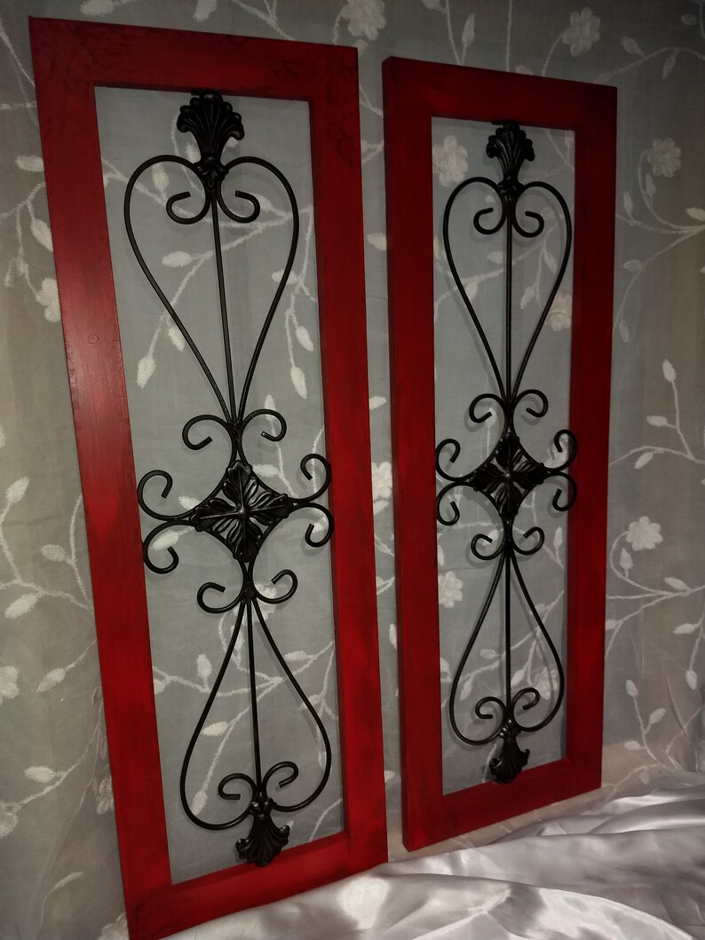 Shutters Metal Wall Decor Distressed Country Red Garden Wrought Iron Curvy Scroll Design Home And Diy Kitchen