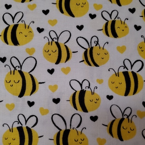 Bumblebee Fabric, Cotton Fabric, Kids Fabric, Cotton Material, Bumblebees, Hearts, Fabrics by the yard,
