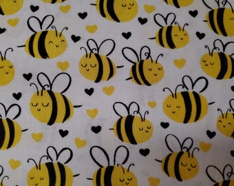 Bumblebee Fabric, Cotton Fabric, Kids Fabric, Cotton Material, Bumblebees, Hearts, Fabrics by the yard,