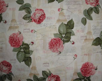 Cabbage Rose Cotton Fabric, Eiffel Tower Paris Print  33" x 44"