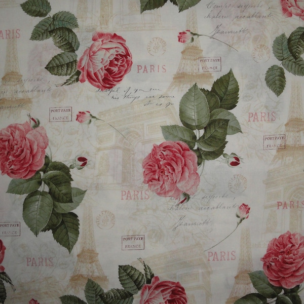 Cabbage Roses, Rose Fabric, Cotton Material, Cotton Fabric, Eiffel Tower, Paris Apartment Decor, Shabby Rose Decor,