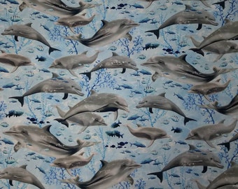 Dolphins, Dolphin Fabric, Beach Fabric, 100% Cotton Fabric, Cotton Material, By the Yard, Swimming Dolphins,