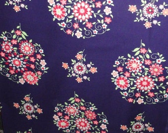 Floral Cotton Fabric, Slate Blue Background, Spring Flowers