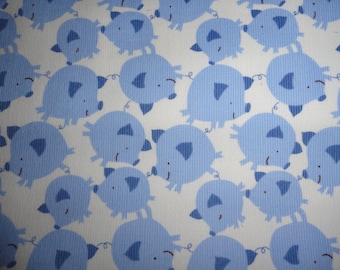 Blue Piglets Ribbed Cotton Fabric, Nursery Sewing, DIY