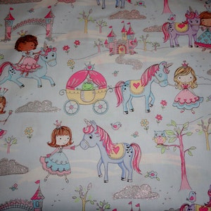 Princess, Cotton Fabric, by the yard, fat quarter, Carriage, Fairy, Girls, Castle, Unicorn, Cotton Material, Flowers, Hearts, Owls, Birds,