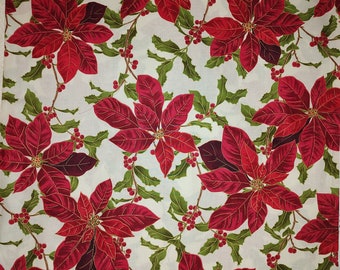 Poinsettia Fabric by the yard, Christmas Fabric, DIY Tree Skirt or Place Mats, Festive Fabric, Holly Berry and Poinsettia,