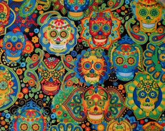 Cotton Fabrics, Sugar Skull, Cinco de mayo, Cotton Material, Fabrics by the Yard, Quilting and Sewing, Pillow Fabric,