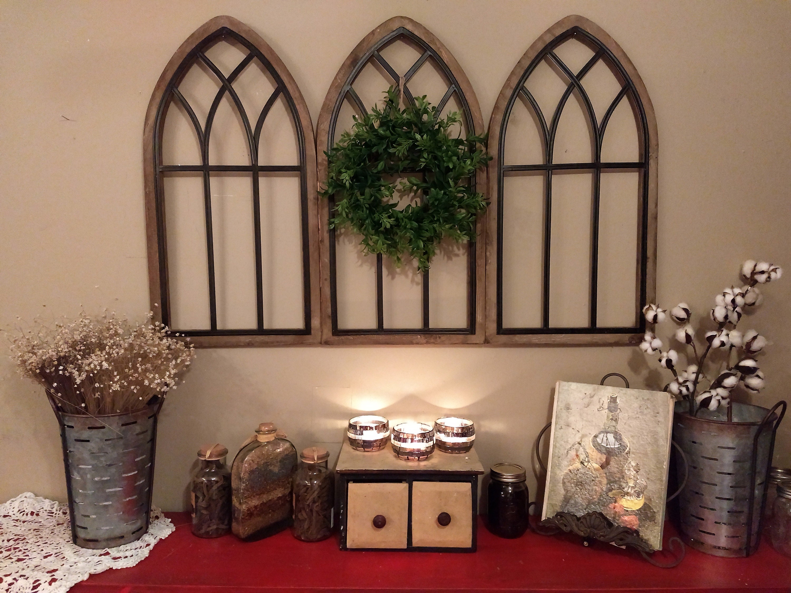 Farmhouse Wall Decor ARCHED WINDOW Window and Wreath Rustic Etsy