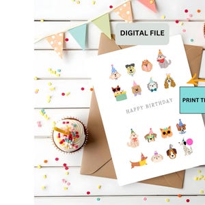 Carte d'anniversaire fichier numérique | Joyeux anniversaire | de voeux | Party Dogs | Art amoureux des animaux | carte pour maman chien | pour lui | Carte vierge 5 x 7 pouces