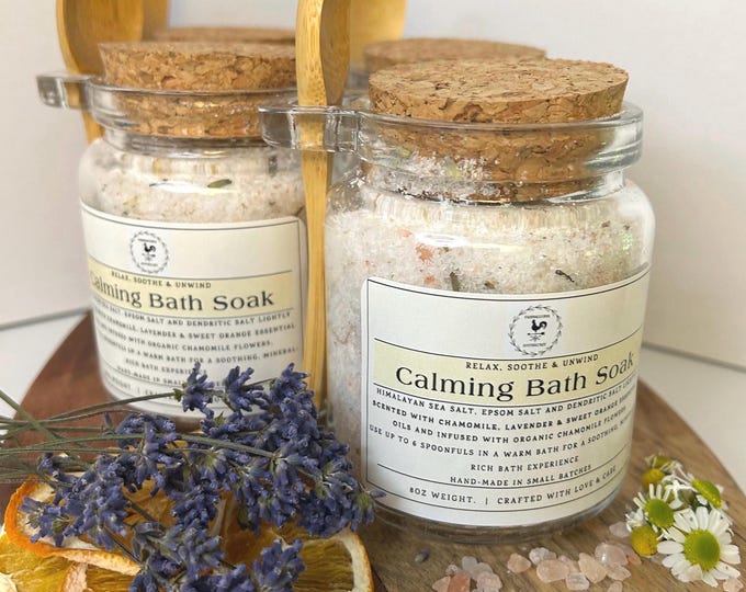 Handmade Artisan Bath Salts - Calming Bath Soak (Lavender, Chamomile, Sweet Orange) - 8oz