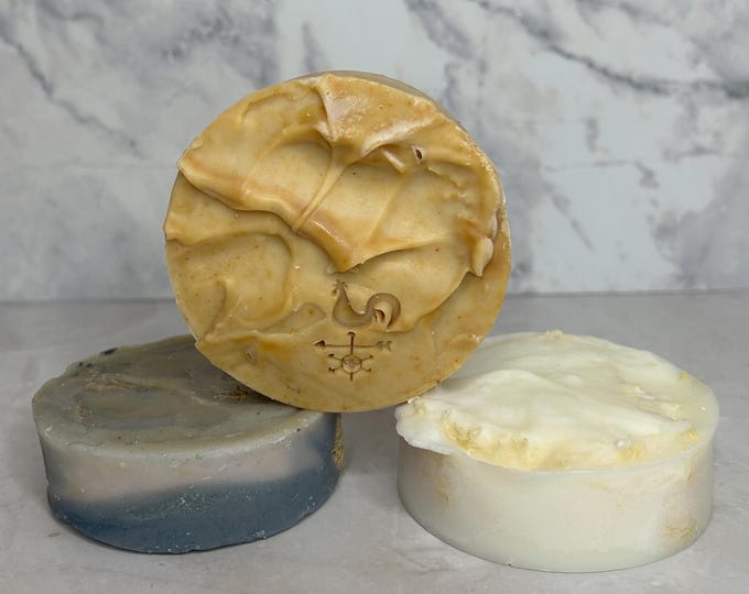 Handmade Artisan Round All Natural Soap - Exfoliating Tallow Bar with Loofah
