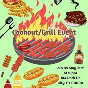Op de afbeelding: Een kleurrijke illustratie die een kook- en grillevenement promoot. De afbeelding toont een hamburger, friet, ribben, worstjes, hotdogs en diverse kruiden. De tekst "Cookout/Grill Event" wordt weergegeven, samen met evenementdetails.