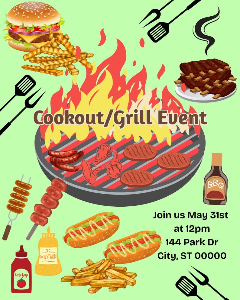 Op de afbeelding: Een kleurrijke illustratie die een kook- en grillevenement promoot. De afbeelding toont een hamburger, friet, ribben, worstjes, hotdogs en diverse kruiden. De tekst "Cookout/Grill Event" wordt weergegeven, samen met evenementdetails.