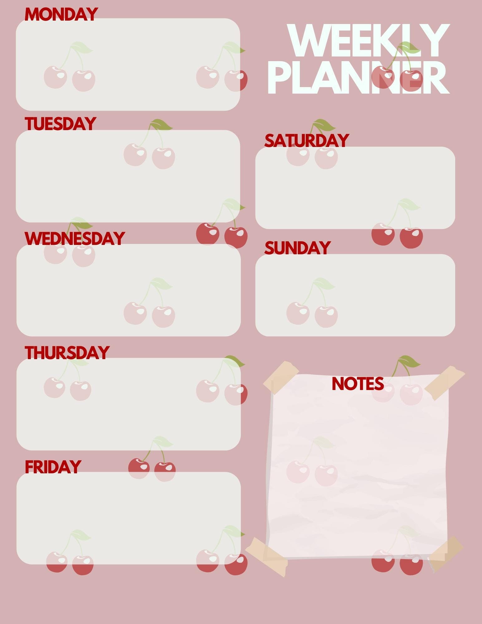 Cherry Themed Undated Weekly Planner monday-sunday - Etsy
