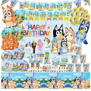 Bluey Verjaardagsfeestje Benodigdheden Set - Achtergrond, Ballonnen, Banner, Servies, Borden, Bekers, Hoeden, Geschenken, Cartoon Bingo Decoraties