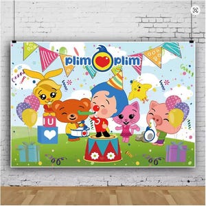 Plim Plim Birthday Backdrop – Cartoon Rainbow Photo Banner for Kids Party – Baby Shower Vinyl Table Decoration Background