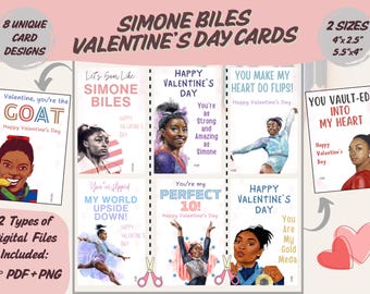 Simone Biles Valentine’s Day Cards - 8 Unique Printable Designs, 2 Sizes (4"x2.5" & 5.5"x4"), Digital Download for Gymnastics Fans