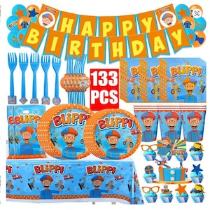 Blippi-verjaardagsfeestversieringen – set van 89 of 133 stuks | Cartoonthema benodigdheden met servies, ballonnen, spandoek, toppers en tafelkleed