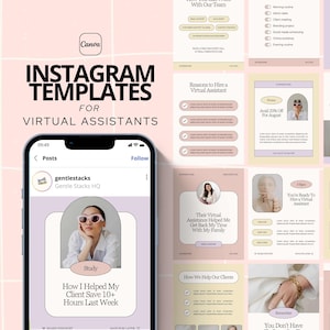 May include: Instagram templates for virtual assistants, displayed on a phone and other layouts. The templates are in pastel colours, including pink, beige, and white. Text includes "How I Helped My Client Save 10+ Hours Last Week" and "Virtual Assistants."