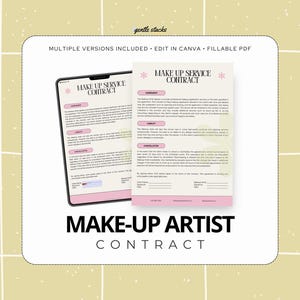 May include: A digital makeup artist contract template with a pink and white design. The contract is displayed on a tablet and a printed page. The text "MAKE UP SERVICE CONTRACT" is visible. The words "MAKE-UP ARTIST CONTRACT" are at the bottom.