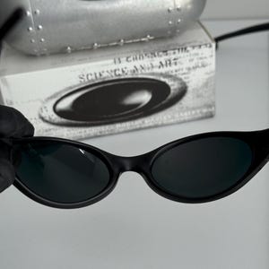 May include: Black oval-framed sunglasses with dark lenses. The image shows the sunglasses against a white backdrop, with a silver case and a box with the text "SCIENCE AND ART".