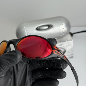 May include: Black sunglasses with red lenses and a flame design on the temples. The sunglasses are held by a gloved hand, with a silver case in the background. The lenses appear to be mirrored.