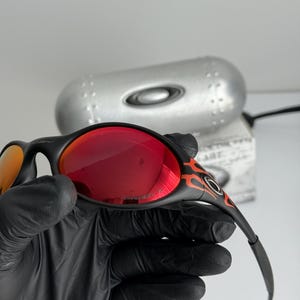 May include: Black sunglasses with red lenses and a flame design on the temples. The sunglasses are held by a gloved hand, with a silver case in the background. The lenses appear to be mirrored.