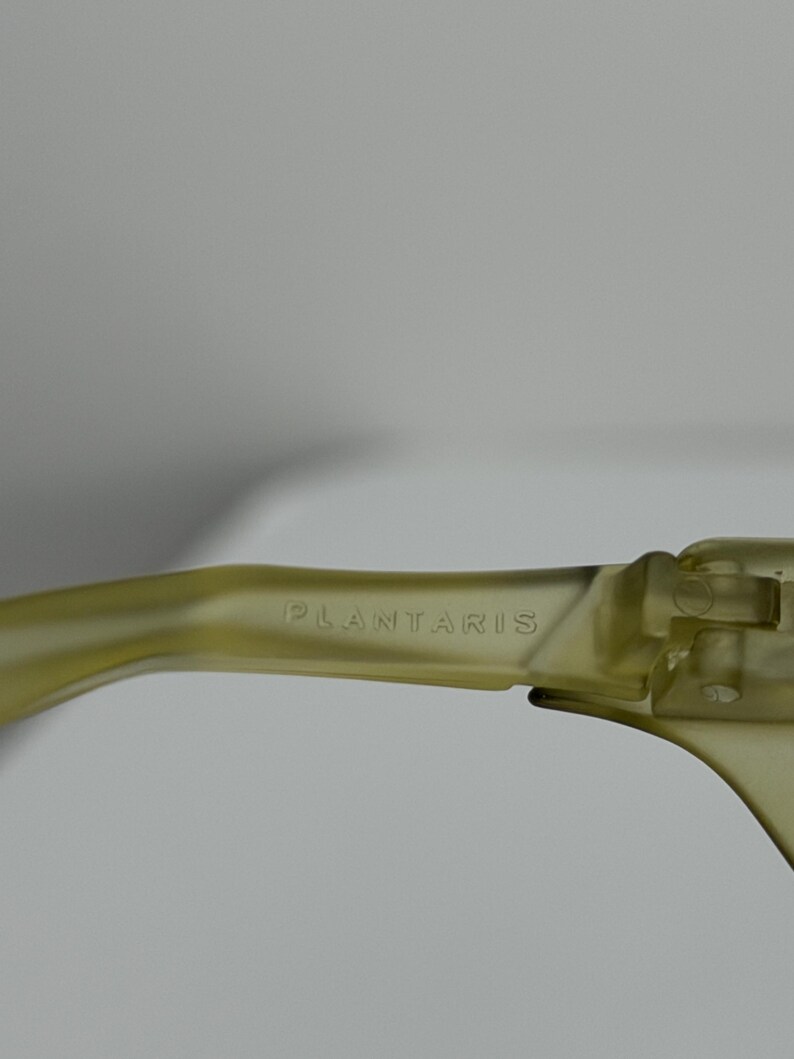 May include: Close-up of olive-green sunglasses. The text "PLANTARIS" is printed on the temple arm. The sunglasses have a modern, minimalist design.