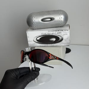 May include: Black sunglasses with red lenses and flame design accents. The sunglasses are displayed on a clear stand, with a silver case and a box with the text "SCIENCE AND ART" in the background.
