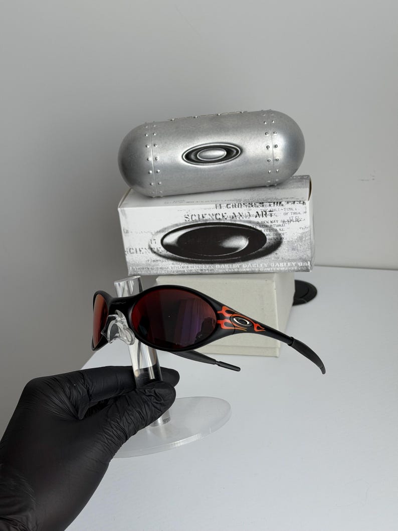 May include: Black sunglasses with red lenses and flame design accents. The sunglasses are displayed on a clear stand, with a silver case and a box with the text "SCIENCE AND ART" in the background.