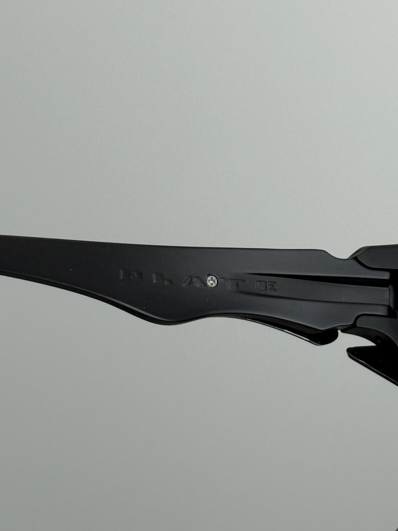 May include: Close-up of a black sunglasses arm with the text "131. AOTT DE" printed on the side. The sunglasses arm is made of a smooth, matte material.